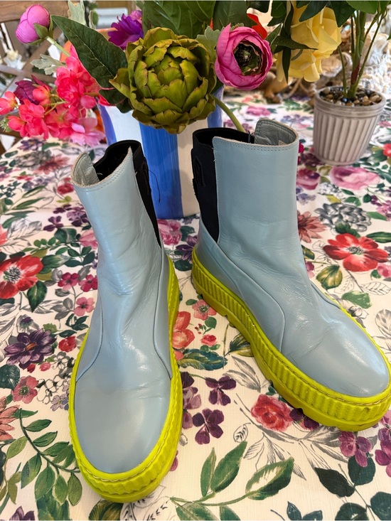 Puma Shoes - PUMA Light Blue Leather Platform Chelsea Boots with Neon Yellow Sole